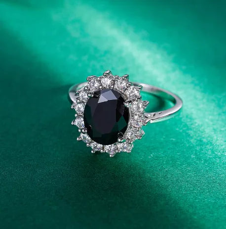 Trumium 3ct Diana Sterling Silver Halo Black Gemstone Ring